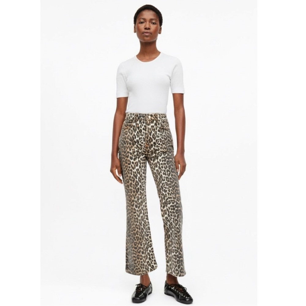 Ganni Betzy Cropped Black and Brown Sz 27 Leopard Straight Leg Jeans Relaxed